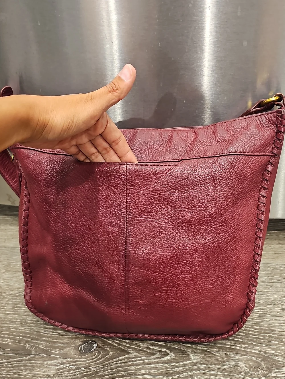 C- HOBO Burgundy Leather Shoulder Bag Whipstitching & Tassel (Medium/Large Size)
